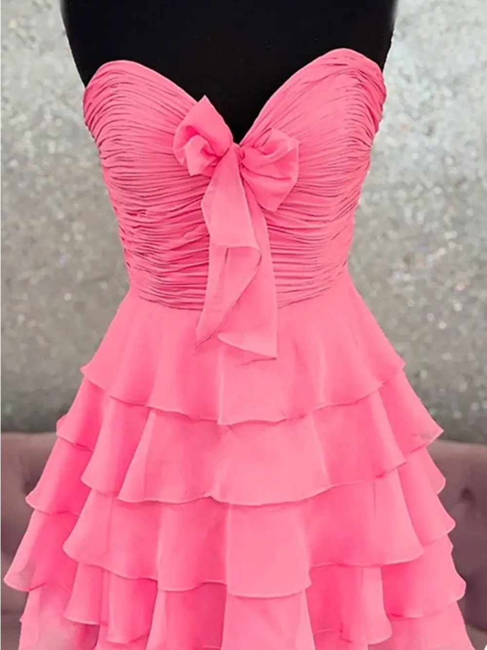 Sherri Hill Strapless Pink Bow Tiered Ruffle Dress